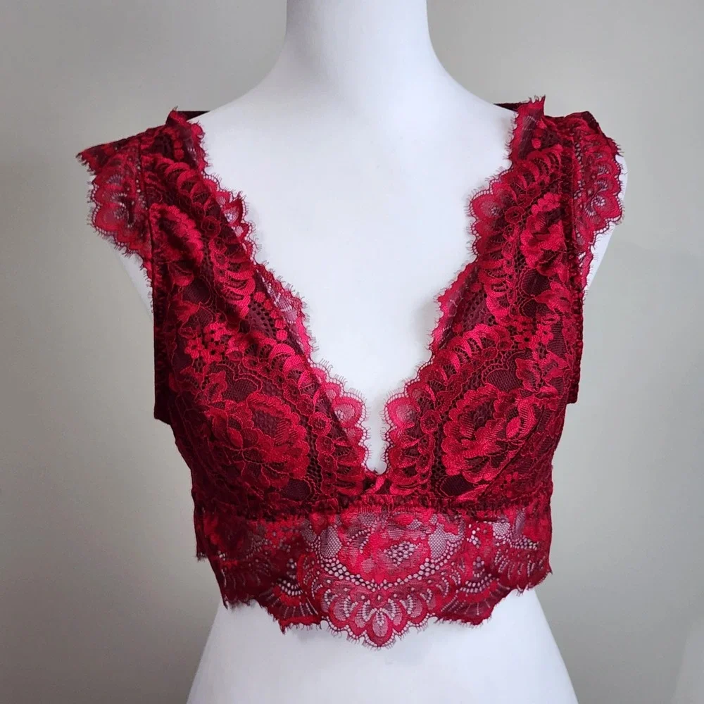 Victoria's Secret Lace Bralette Womens Large Red Floral Romantic Boho Bra - Picture 2 of 13